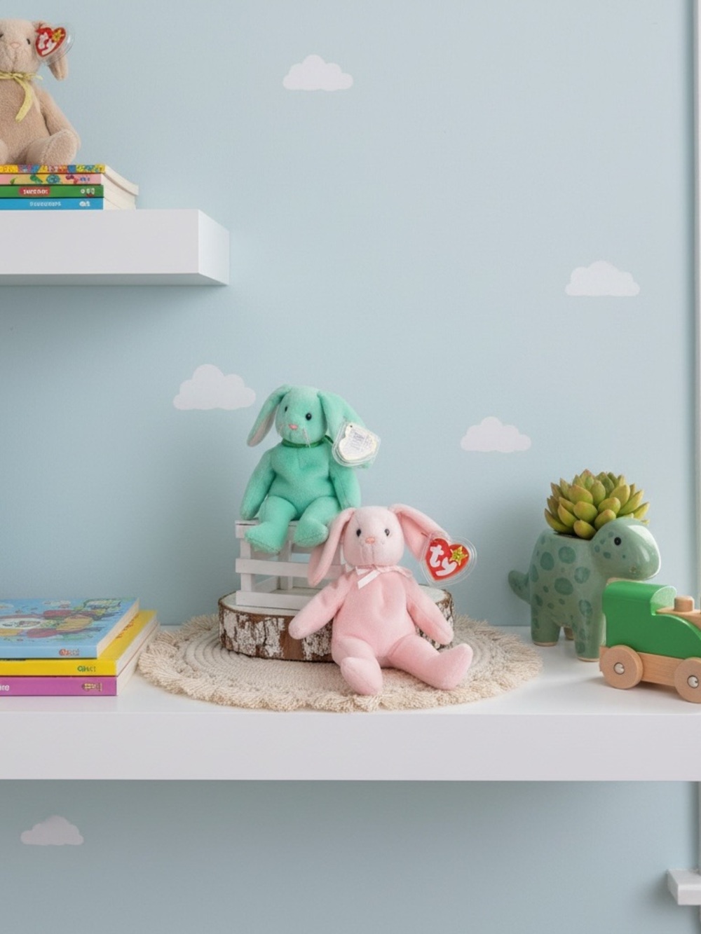 Ty  Beanie original baby pink & Mint Plush Bunny Pair- Soft Stuffed Rabbits.set2